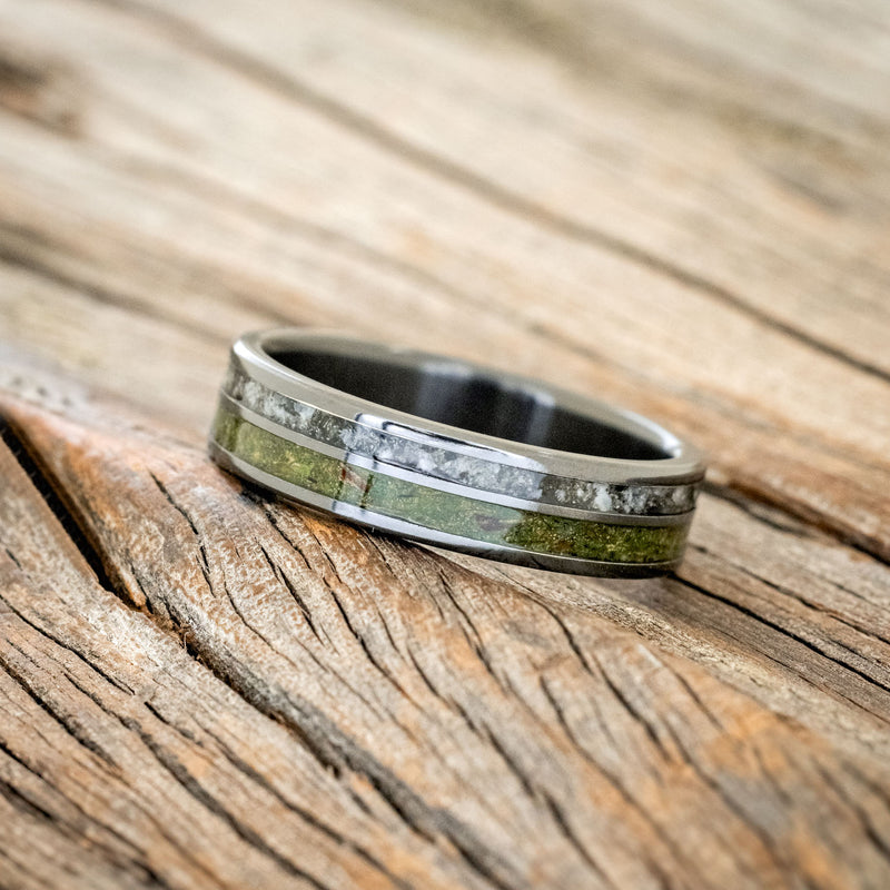 "RAPTOR" - MOSS WITH MOLDAVITE & MOONSTONE MIX WEDDING BAND-6