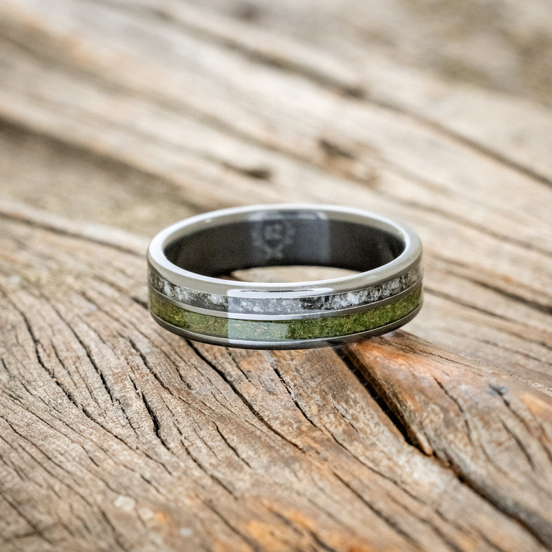 "RAPTOR" - MOSS WITH MOLDAVITE & MOONSTONE MIX WEDDING BAND-5