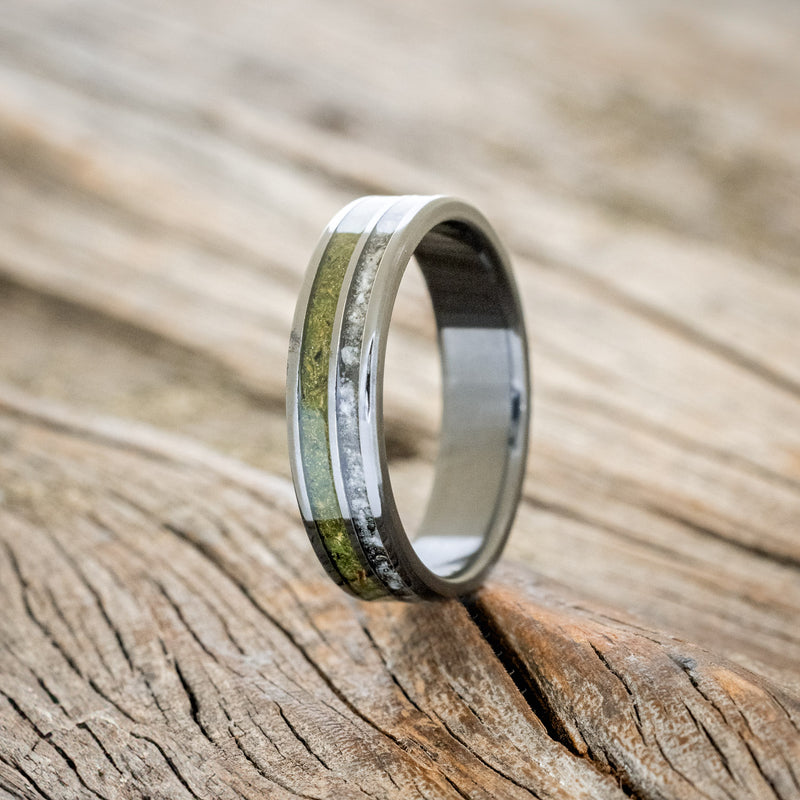 "RAPTOR" - MOSS WITH MOLDAVITE & MOONSTONE MIX WEDDING BAND-4