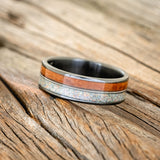 "RAINIER" - FIRE AND ICE OPAL, GUITAR STRING & REDWOOD WEDDING BAND-5