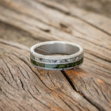 "RAPTOR" - MOSS WITH MOLDAVITE & MOONSTONE MIX WEDDING BAND-9