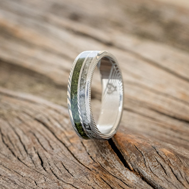 "RAPTOR" - MOSS WITH MOLDAVITE & MOONSTONE MIX WEDDING BAND-7