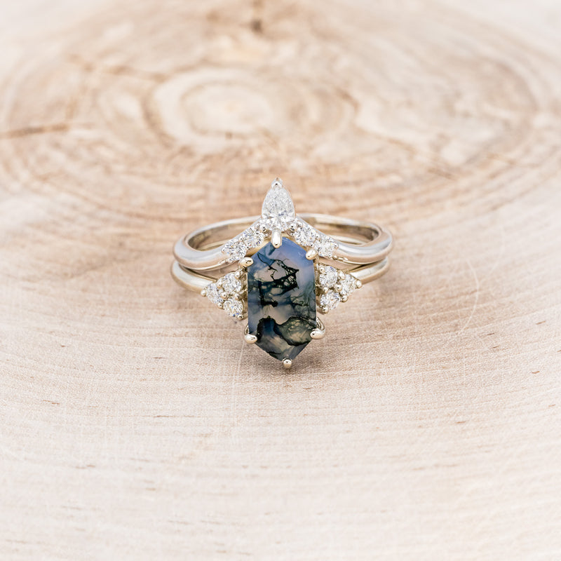 "OCTAVIA" - ELONGATED HEXAGON MOSS AGATE ENGAGEMENT RING WITH DIAMOND ACCENTS & TRACER-4