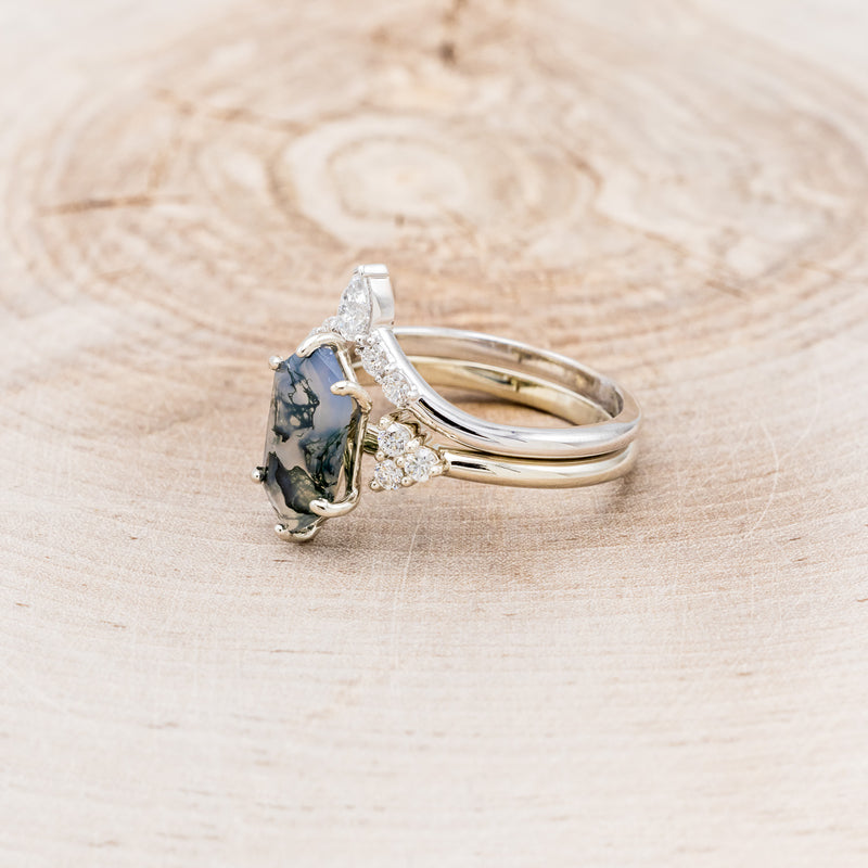 "OCTAVIA" - ELONGATED HEXAGON MOSS AGATE ENGAGEMENT RING WITH DIAMOND ACCENTS & TRACER-3