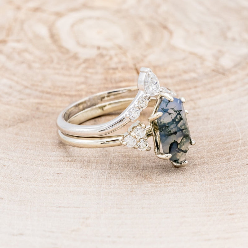 "OCTAVIA" - ELONGATED HEXAGON MOSS AGATE ENGAGEMENT RING WITH DIAMOND ACCENTS & TRACER-2