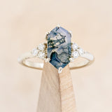 "OCTAVIA" - ELONGATED HEXAGON MOSS AGATE ENGAGEMENT RING WITH DIAMOND ACCENTS & TRACER-6