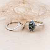 "OCTAVIA" - ELONGATED HEXAGON MOSS AGATE ENGAGEMENT RING WITH DIAMOND ACCENTS & TRACER-5