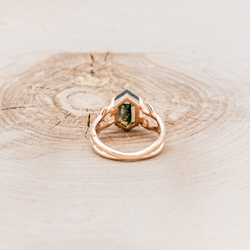 "ARTEMIS" - ELONGATED HEXAGON MOSS AGATE ENGAGEMENT RING WITH AN ANTLER STYLE BAND & DIAMOND ACCENTS-17