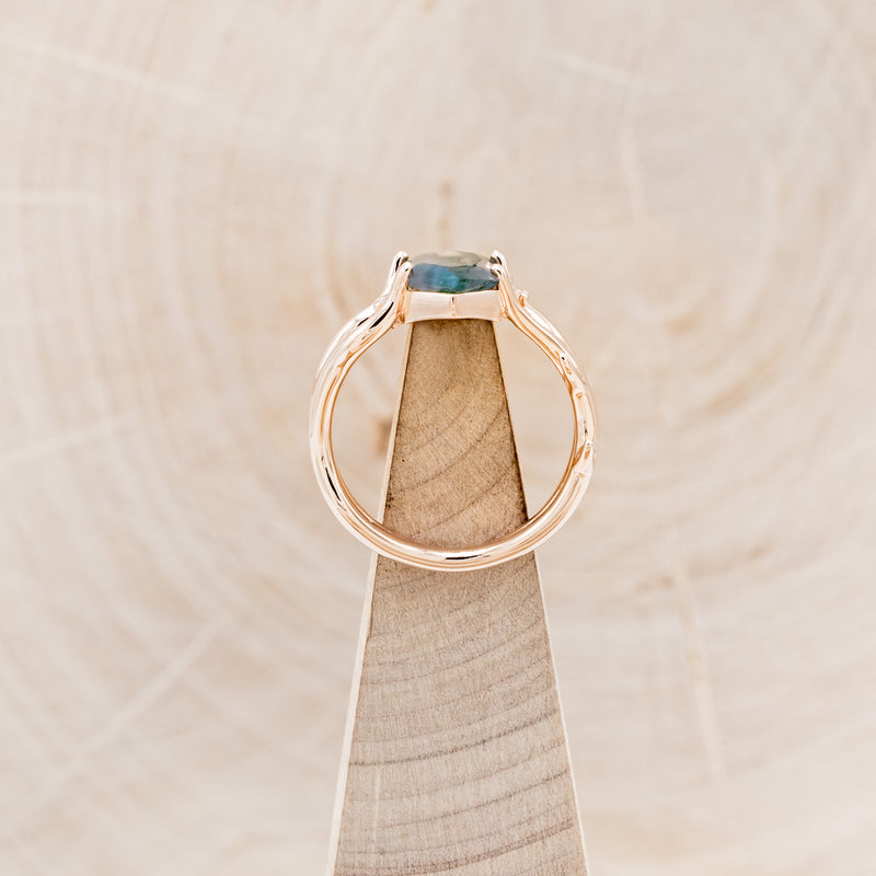 "ARTEMIS" - ELONGATED HEXAGON MOSS AGATE ENGAGEMENT RING WITH AN ANTLER STYLE BAND & DIAMOND ACCENTS-18