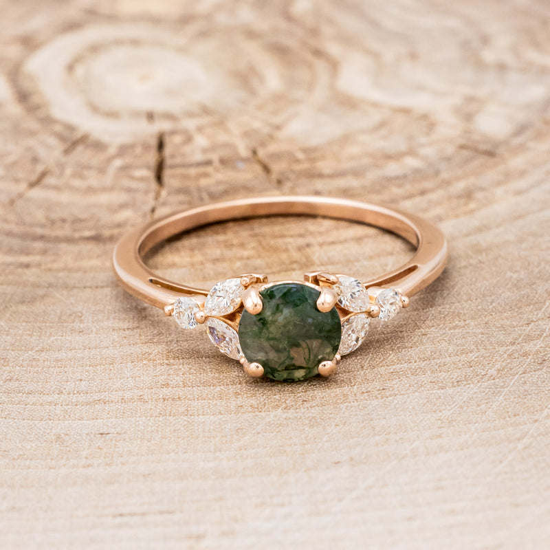 "BLOSSOM" - ROUND CUT MOSS AGATE ENGAGEMENT RING WITH LEAF-SHAPED DIAMOND ACCENTS-19