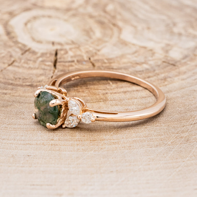 "BLOSSOM" - ROUND CUT MOSS AGATE ENGAGEMENT RING WITH LEAF-SHAPED DIAMOND ACCENTS-18