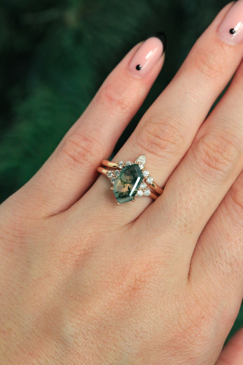 "OCTAVIA" - ELONGATED HEXAGON MOSS AGATE ENGAGEMENT RING WITH DIAMOND ACCENTS & TRACER-50