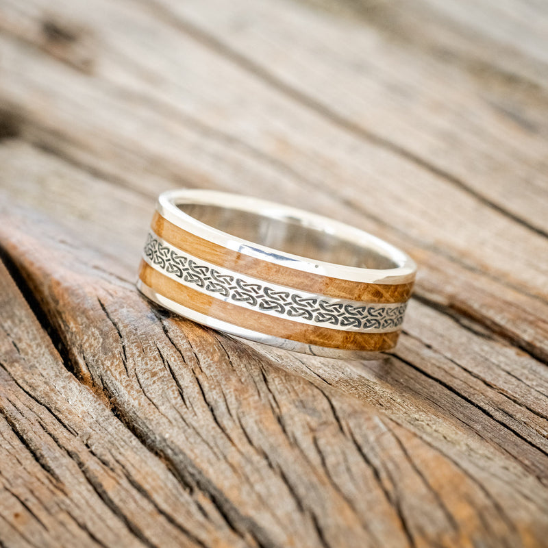 "RYDER" - CELTIC LOVE KNOT ENGRAVED & WHISKEY BARREL OAK WEDDING RING-5