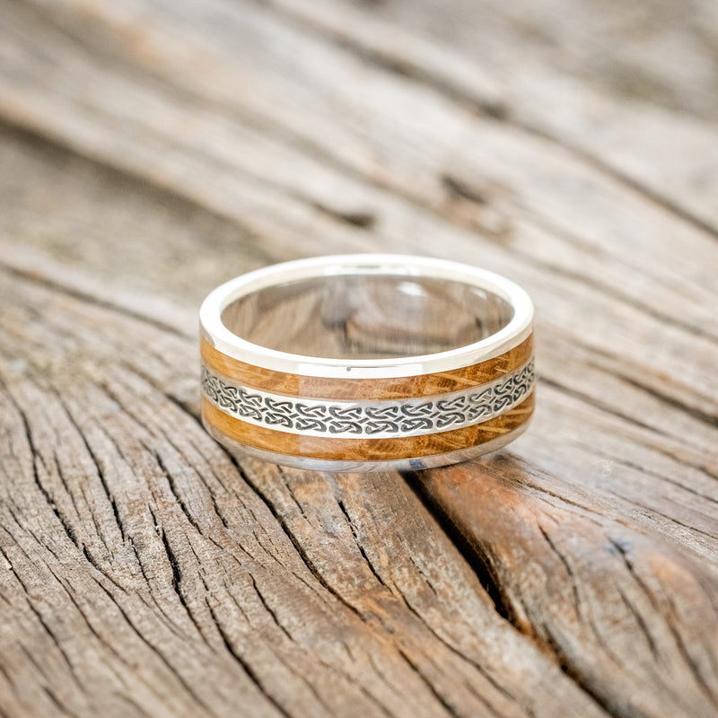 "RYDER" - CELTIC LOVE KNOT ENGRAVED & WHISKEY BARREL OAK WEDDING RING-6