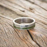 "RAPTOR" - MOSS WITH MOLDAVITE & MOONSTONE MIX WEDDING BAND-3