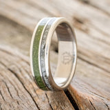 "RAPTOR" - MOSS WITH MOLDAVITE & MOONSTONE MIX WEDDING BAND-1