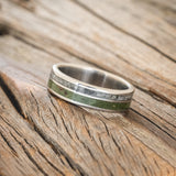 "RAPTOR" - MOSS WITH MOLDAVITE & MOONSTONE MIX WEDDING BAND-2