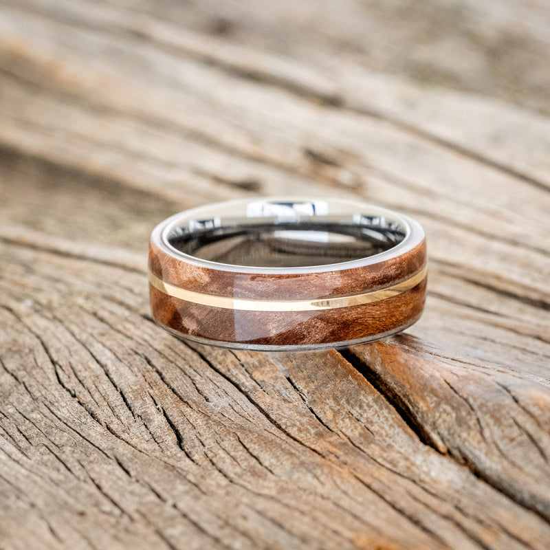 "GOLDEN" - REDWOOD & 14K GOLD INLAY WEDDING BAND-6