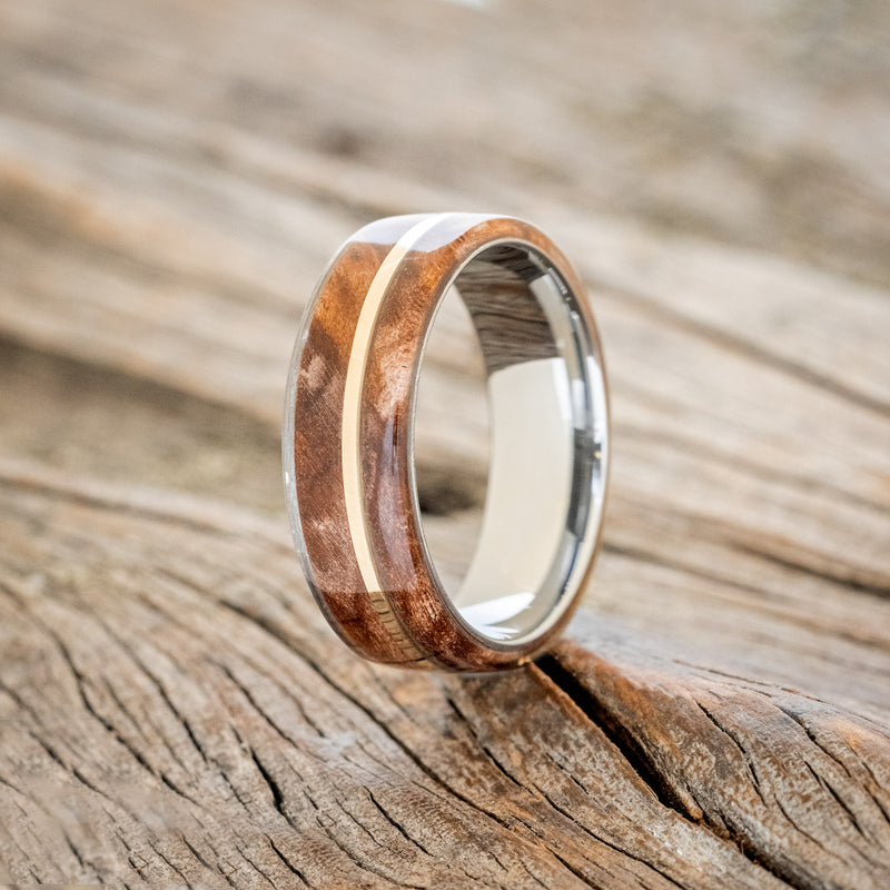 "GOLDEN" - REDWOOD & 14K GOLD INLAY WEDDING BAND-4