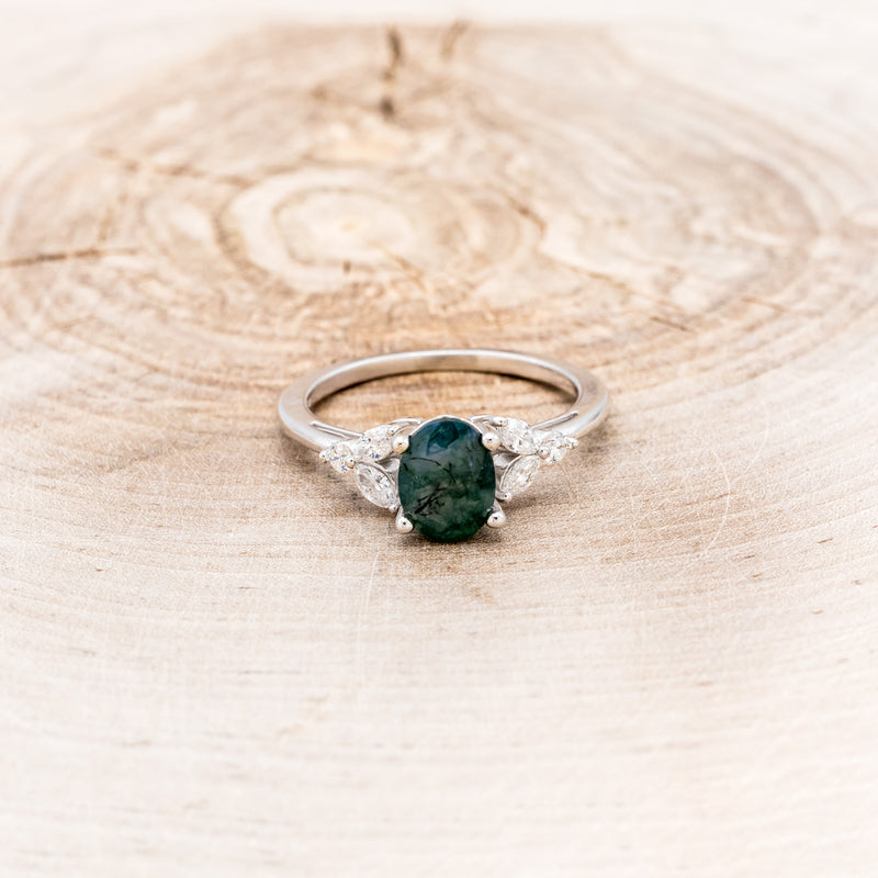 "BLOSSOM" - OVAL-CUT MOSS AGATE ENGAGEMENT RING WITH LEAF-SHAPED DIAMOND ACCENTS-16