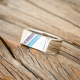 "TWAIN" - FLAT TOP WEDDING RING FEATURING DIAGONAL TURQUOISE & CRUSHED AMETHYST INLAYS-2