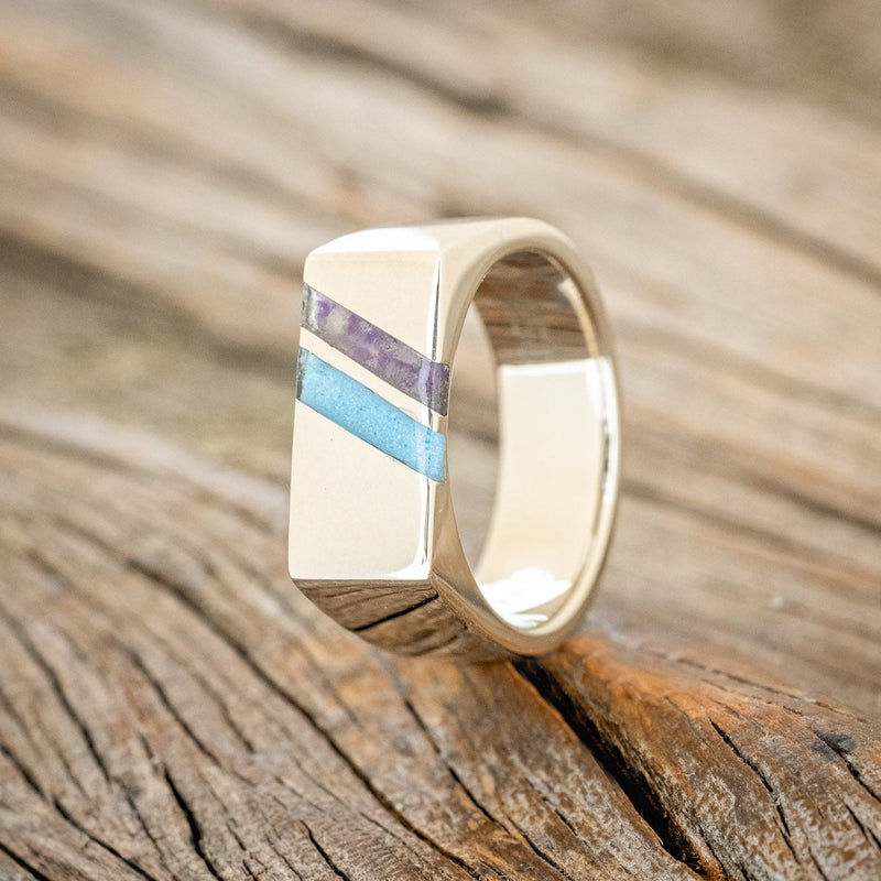 "TWAIN" - FLAT TOP WEDDING RING FEATURING DIAGONAL TURQUOISE & CRUSHED AMETHYST INLAYS-1