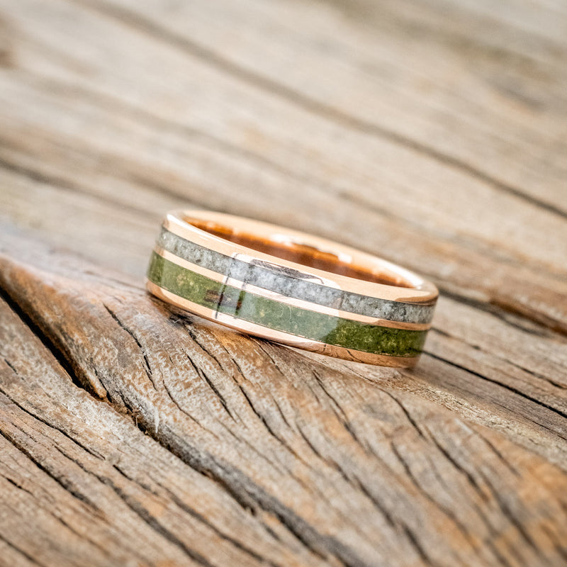 "RAPTOR" - MOSS WITH MOLDAVITE & MOONSTONE MIX WEDDING BAND-14