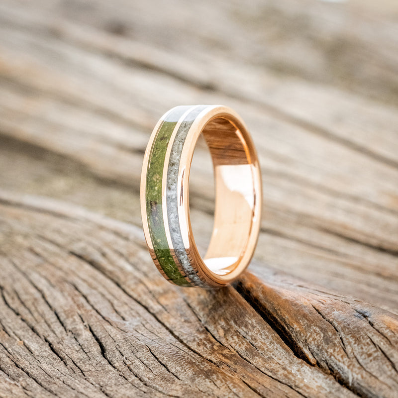 "RAPTOR" - MOSS WITH MOLDAVITE & MOONSTONE MIX WEDDING BAND-13