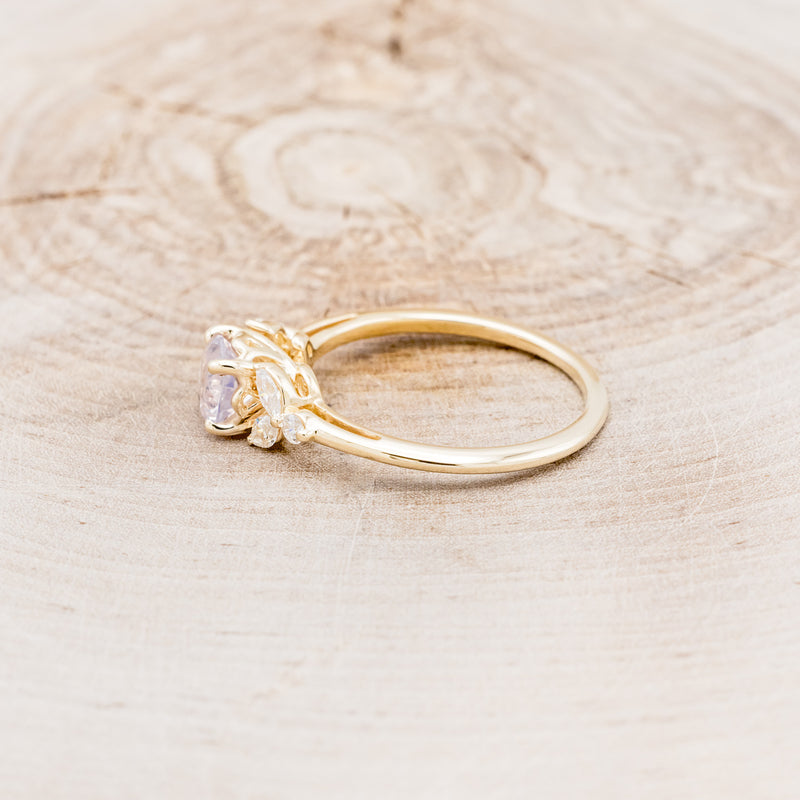 "BLOSSOM" - ROUND CUT LAVENDER QUARTZ ENGAGEMENT RING WITH LEAF SHAPED DIAMOND ACCENTS-9