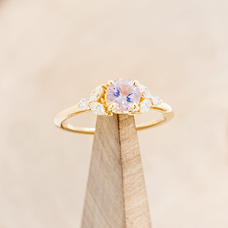 "BLOSSOM" - ROUND CUT LAVENDER QUARTZ ENGAGEMENT RING WITH LEAF SHAPED DIAMOND ACCENTS-7