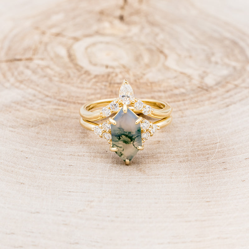 "OCTAVIA" - ELONGATED HEXAGON MOSS AGATE ENGAGEMENT RING WITH DIAMOND ACCENTS & TRACER-35