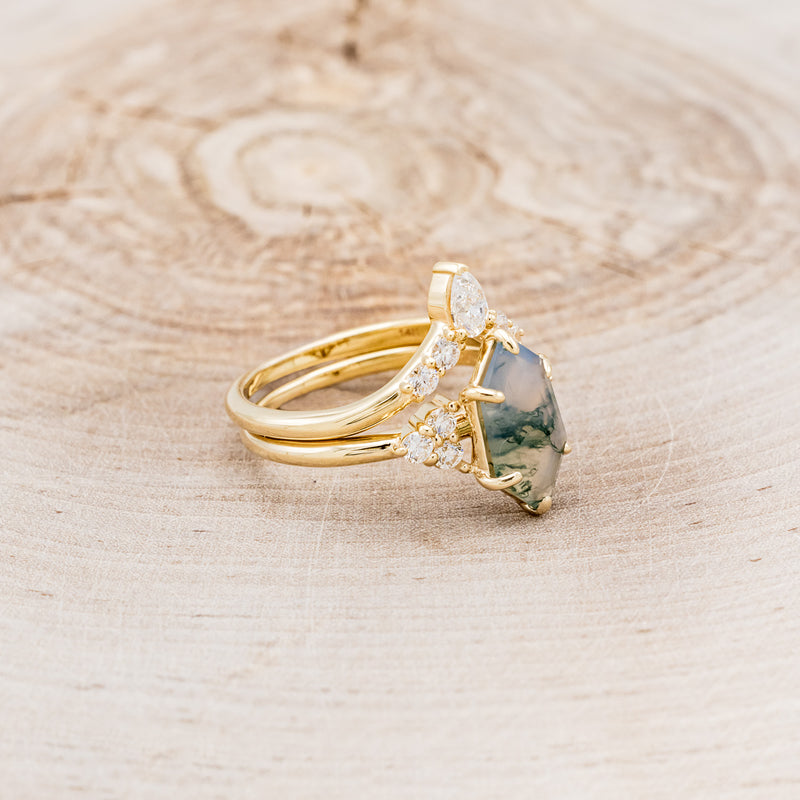 "OCTAVIA" - ELONGATED HEXAGON MOSS AGATE ENGAGEMENT RING WITH DIAMOND ACCENTS & TRACER-33