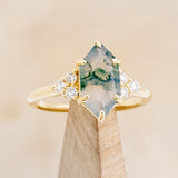 "OCTAVIA" - ELONGATED HEXAGON MOSS AGATE ENGAGEMENT RING WITH DIAMOND ACCENTS & TRACER-38