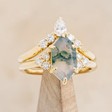 "OCTAVIA" - ELONGATED HEXAGON MOSS AGATE ENGAGEMENT RING WITH DIAMOND ACCENTS & TRACER-32