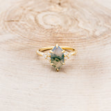 "OCTAVIA" - ELONGATED HEXAGON MOSS AGATE ENGAGEMENT RING WITH DIAMOND ACCENTS & TRACER-41