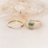 "OCTAVIA" - ELONGATED HEXAGON MOSS AGATE ENGAGEMENT RING WITH DIAMOND ACCENTS & TRACER-37