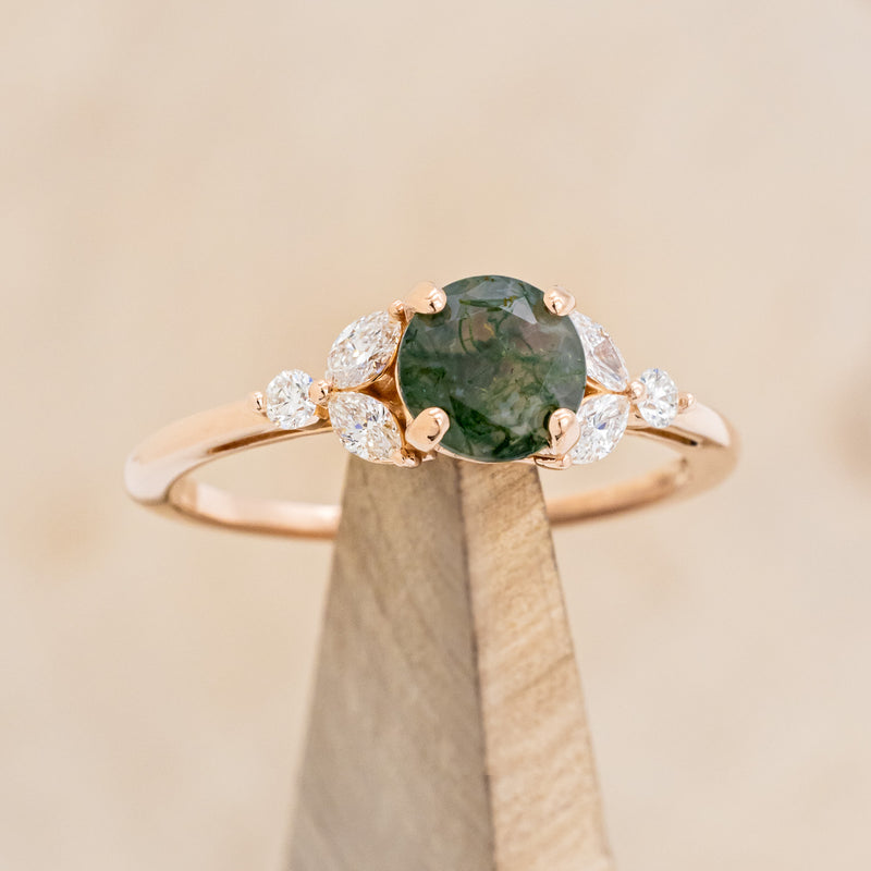 "BLOSSOM" - ROUND CUT MOSS AGATE ENGAGEMENT RING WITH LEAF-SHAPED DIAMOND ACCENTS-16