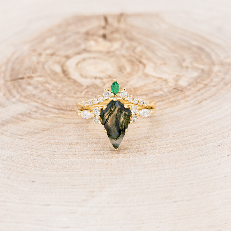 "SAGE" - KITE CUT MOSS AGATE ENGAGEMENT RING WITH DIAMOND ACCENTS & EMERALD TRACER-44