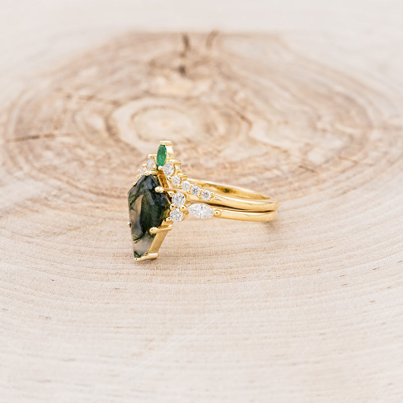 "SAGE" - KITE CUT MOSS AGATE ENGAGEMENT RING WITH DIAMOND ACCENTS & EMERALD TRACER-43