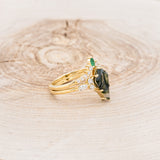 "SAGE" - KITE CUT MOSS AGATE ENGAGEMENT RING WITH DIAMOND ACCENTS & EMERALD TRACER-42