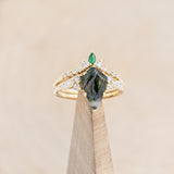 "SAGE" - KITE CUT MOSS AGATE ENGAGEMENT RING WITH DIAMOND ACCENTS & EMERALD TRACER-41