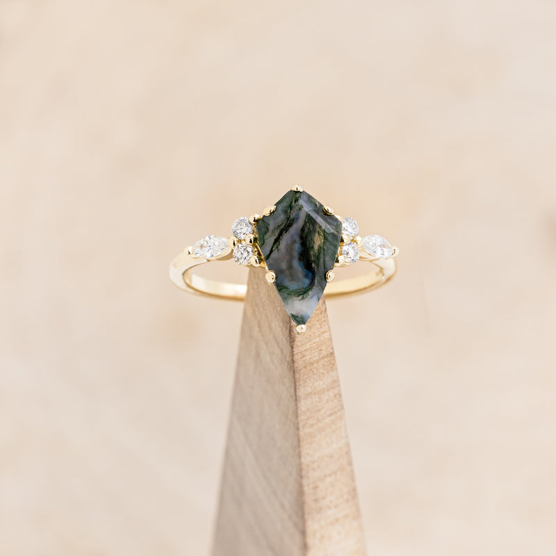 "SAGE" - KITE CUT MOSS AGATE ENGAGEMENT RING WITH DIAMOND ACCENTS & EMERALD TRACER-47