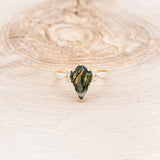 "SAGE" - KITE CUT MOSS AGATE ENGAGEMENT RING WITH DIAMOND ACCENTS & EMERALD TRACER-49