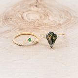 "SAGE" - KITE CUT MOSS AGATE ENGAGEMENT RING WITH DIAMOND ACCENTS & EMERALD TRACER-46