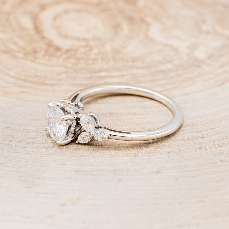 "BLOSSOM" - ROUND CUT MOISSANITE ENGAGEMENT RING WITH LEAF-SHAPED DIAMOND ACCENTS-3