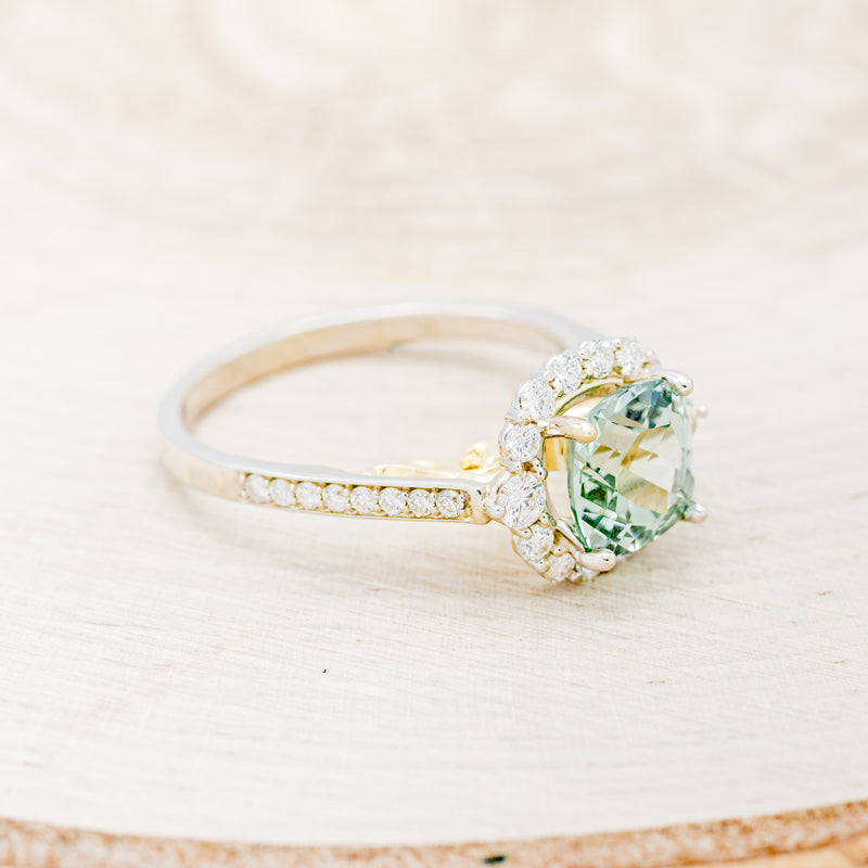 "OPHELIA" - CUSHION CUT LAB-GROWN GREEN SAPPHIRE ENGAGEMENT RING WITH DIAMOND HALO & ACCENTS-8