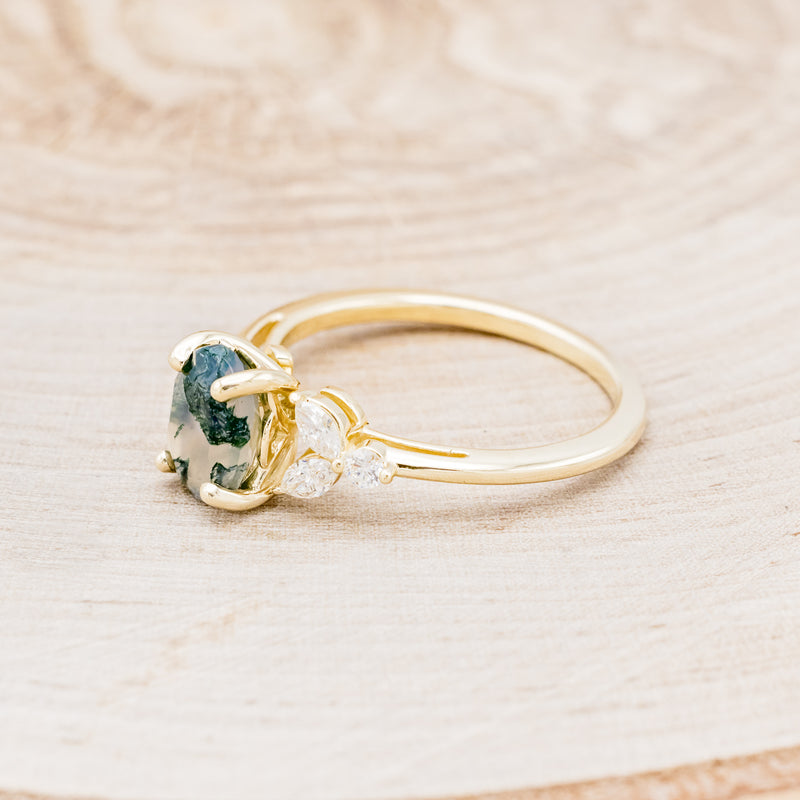 "BLOSSOM" - OVAL-CUT MOSS AGATE ENGAGEMENT RING WITH LEAF-SHAPED DIAMOND ACCENTS-10