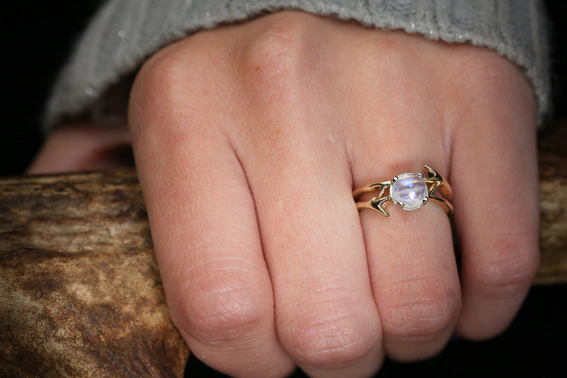 "ARTEMIS" - ROUND MOONSTONE ENGAGEMENT RING WITH ANTLER-STYLE BAND-13