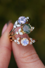 "BLOSSOM" - OVAL-CUT MOSS AGATE ENGAGEMENT RING WITH LEAF-SHAPED DIAMOND ACCENTS-19