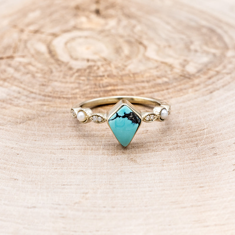 "BIANCA" - BRIDAL SUITE - KITE CUT TURQUOISE ENGAGEMENT RING WITH PEARLS & DIAMOND ACCENTS-21